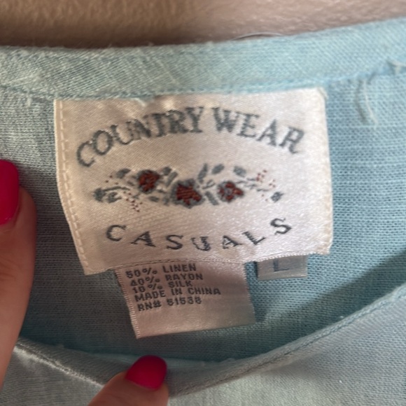 Country Wear casual VINTAGE 2 piece skirt set linen silk aqua blue Large - Picture 3 of 15
